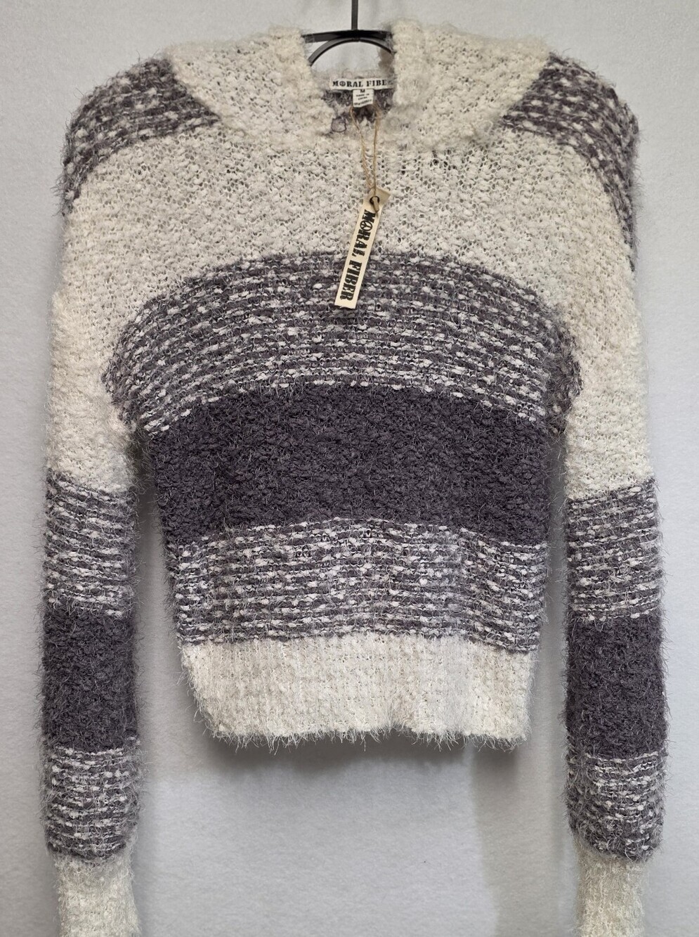 Moral Fiber Womens Size Medium Striped Hooded Long Sleeve Fuzzy Sweater